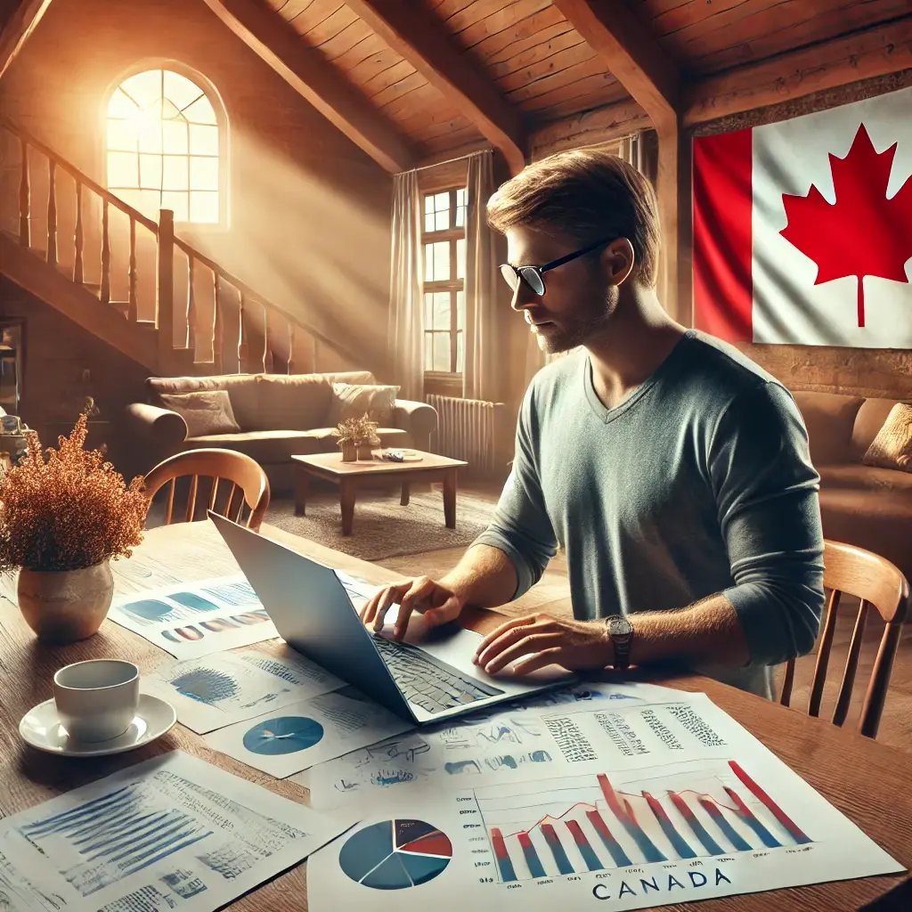 DALL·E 2024-10-28 17.35.16 - A professional and inspiring image depicting a Canadian entrepreneur in a cozy home setting, working at a dining table with a laptop, business documen