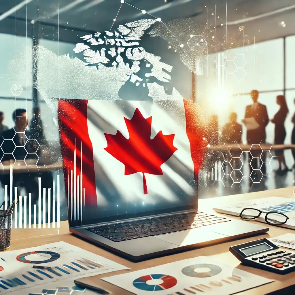 DALL·E 2024-10-30 14.55.15 - A realistic and professional image depicting Canadian business owners facing challenges like financial planning and growth. Elements like a laptop wit