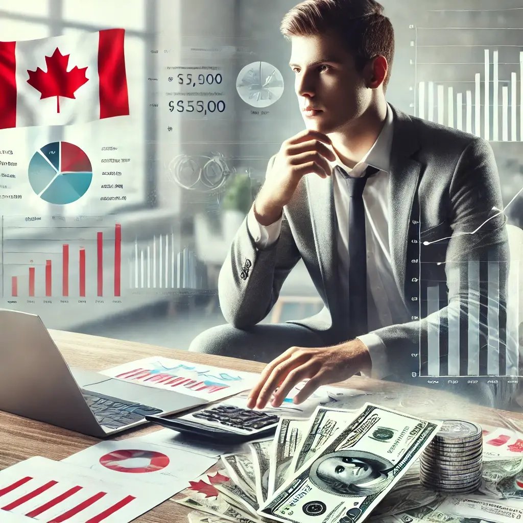 DALL·E 2024-10-30 15.13.15 - A realistic and professional image depicting a Canadian entrepreneur weighing options for business financing, sitting with financial charts, a laptop,