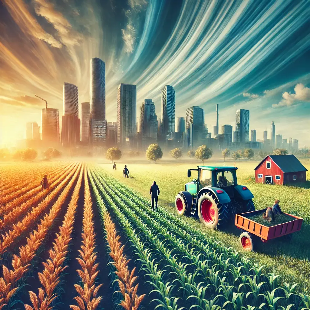 DALL·E 2024-09-24 01.53.40 - Create a professional, non-copyrighted image representing the agriculture industry. The image should feature a modern farm setting with a tractor, cro